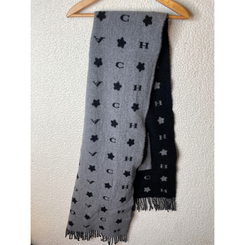 Chanel Monogram Star Reversible Scarf Grey Black Fringe Knit Wrap